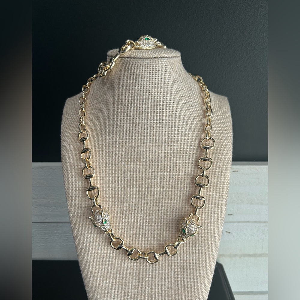 NWOT|Designer Inspired Panther Link Necklace & Bracelet Set| Gold Tone Green Eye